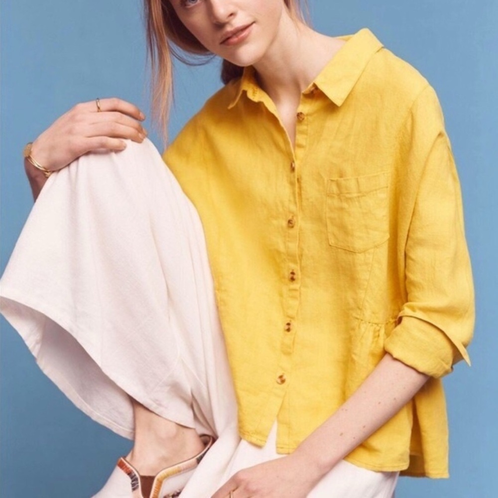 ANTHROPOLOGIE Holding Horses McKenzie Linen Peplum Blouse Canary Yellow Size L